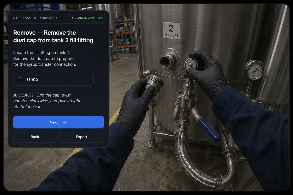 A worker’s first-person view through display glasses, with Skill Reality’s step-by-step guidance over the task.