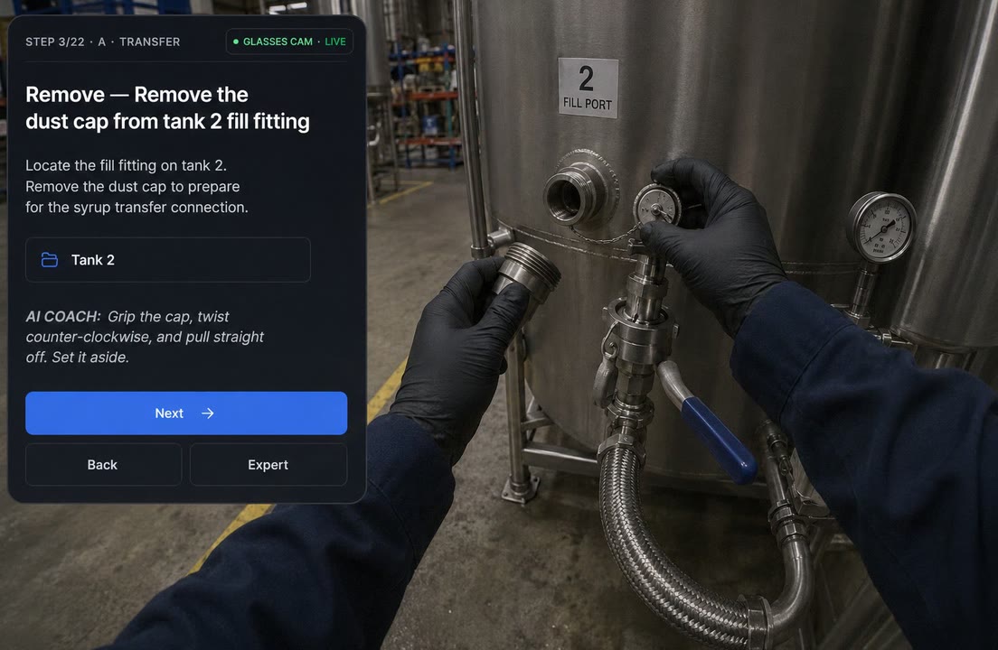 A worker’s first-person view through display glasses, with Skill Reality’s step-by-step guidance over the task.