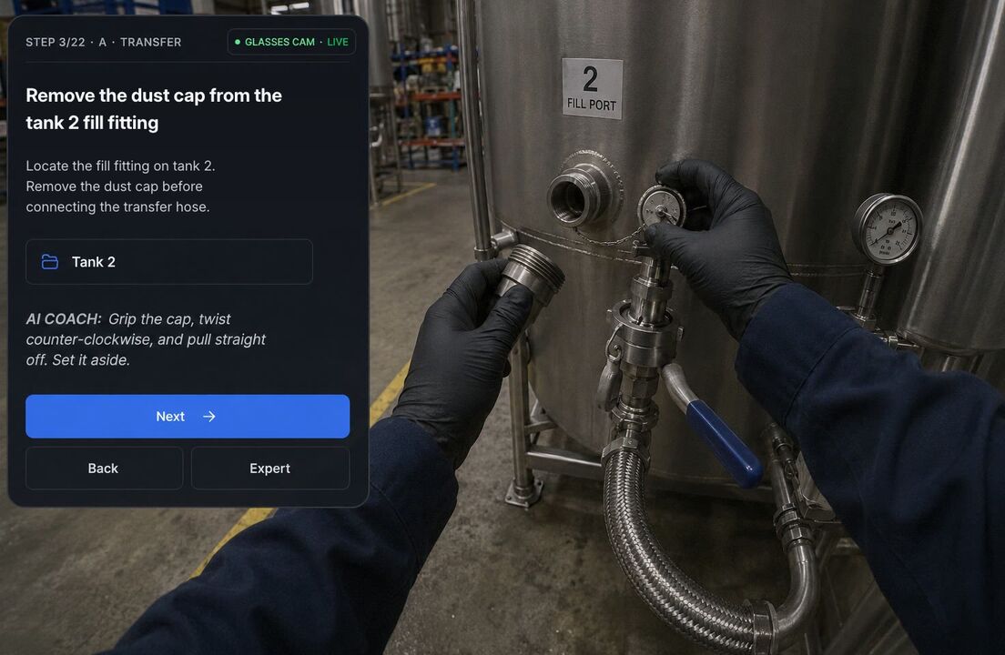 A worker’s first-person view through display glasses, with Skill Reality’s step-by-step guidance over the task.