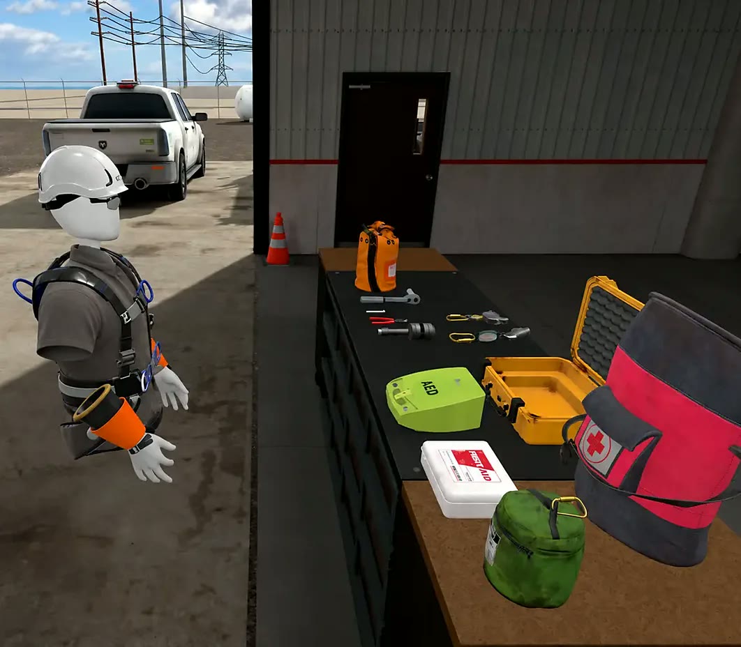 A VR Vision fall-protection training scenario: a trainee avatar in a harness and hard hat beside a bench of safety gear.
