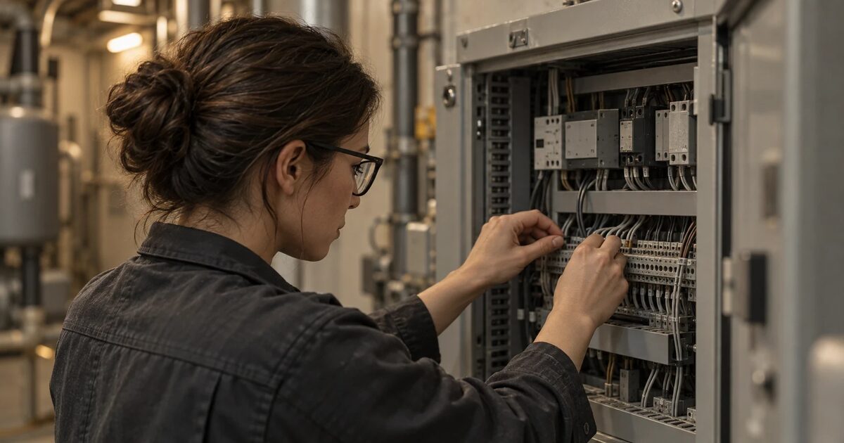 A technician in ordinary glasses with both hands inside an open industrial control panel, eyes on the terminal blocks.